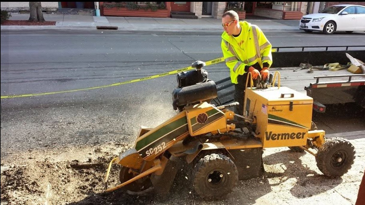 Stump grinder working near a sidewalk